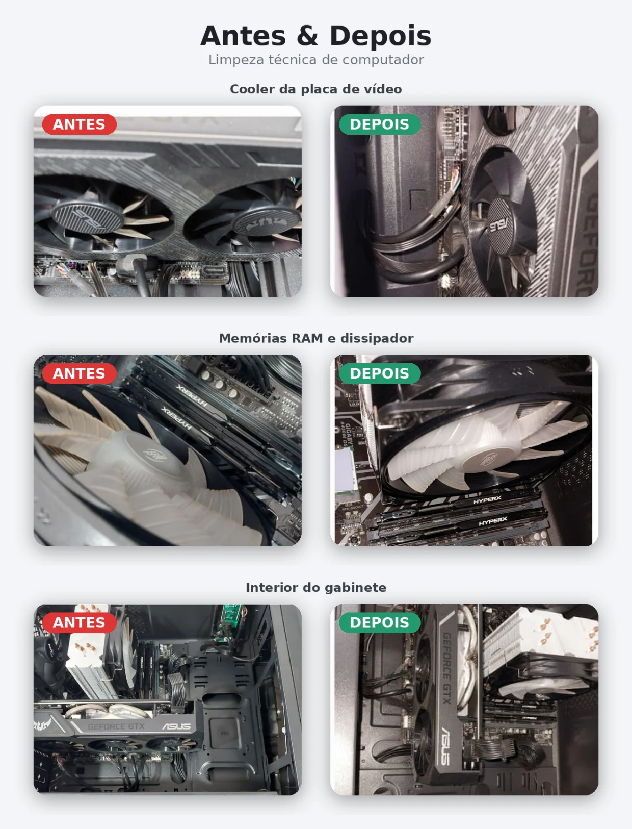 Antes e depois de uma limpeza técnica feita pela MD Informática: cooler da placa de vídeo, memórias RAM e interior do gabinete